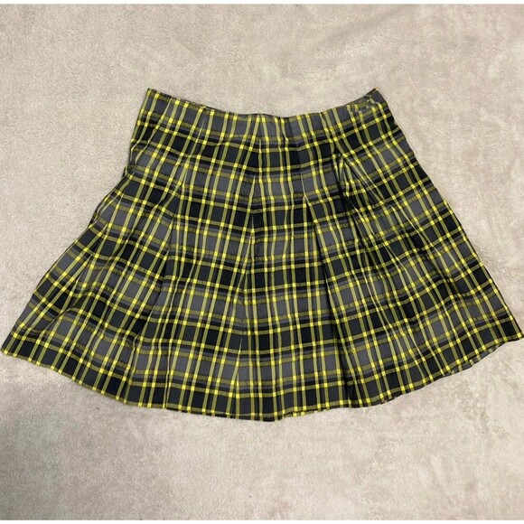 Theory Pleated Yellow Black Plaid Check Mini Skirt Size 2 Wool Cotton - Picture 1 of 10
